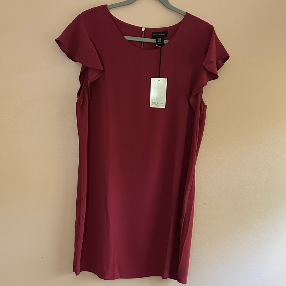 Adrienne Vittadini Burgundy Ruffle Sleeve Mini Dress
